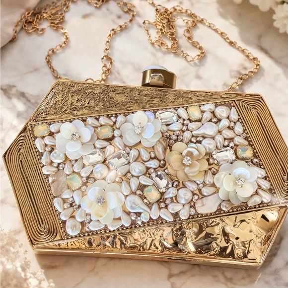 Gold Floral Pearl-Embellished Evening Clutch - Picture 3 of 7